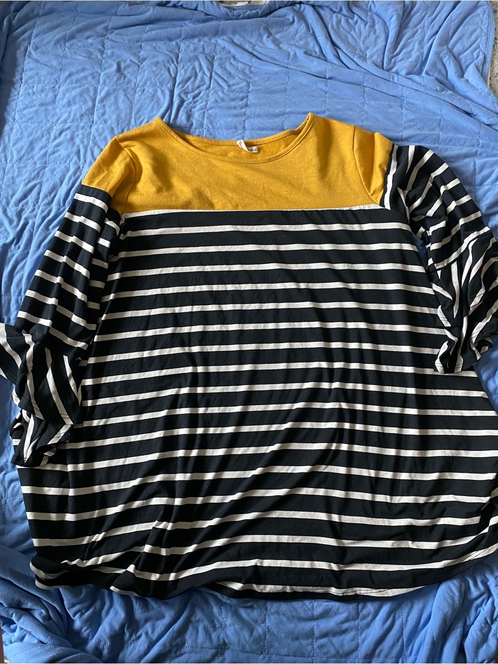 Chic Soul Black & White Striped Long Sleeve Top with Mustard Yoke